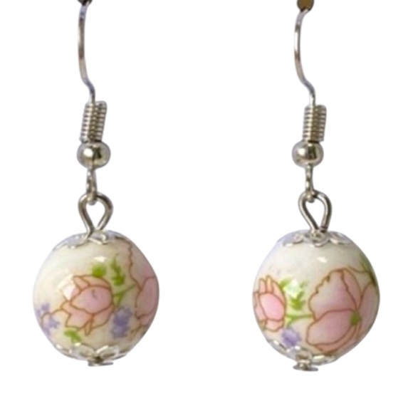 Chinoiserie Porcelain Dangle Earrings Pink+Green / Blue + White Grandmillennial - Picture 6 of 15